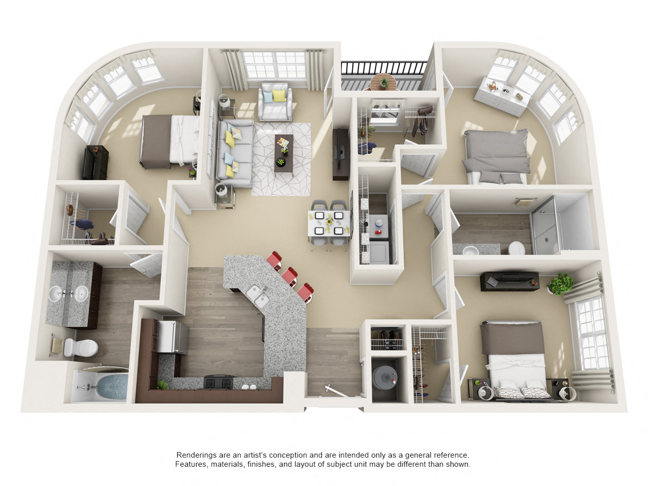 Floor plan for 3 beds, 2 baths, 1348 sqft